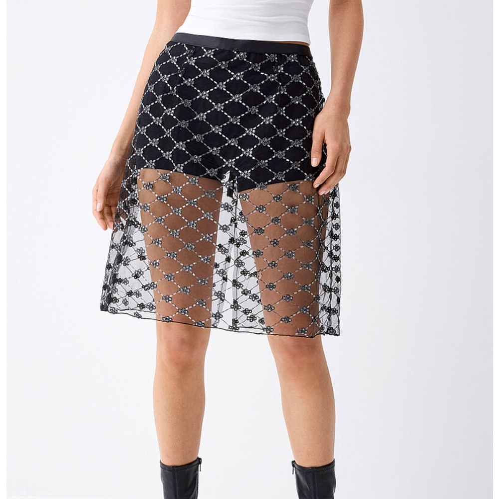 Black sequined diamond pattern sheer tulle skirt made in Korea NWT